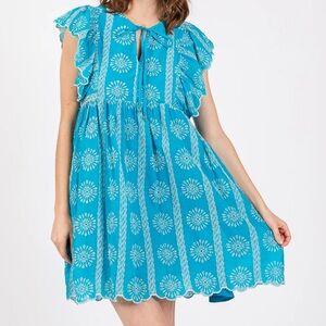 Turquoise Embroidered Flutter Sleeve Dress